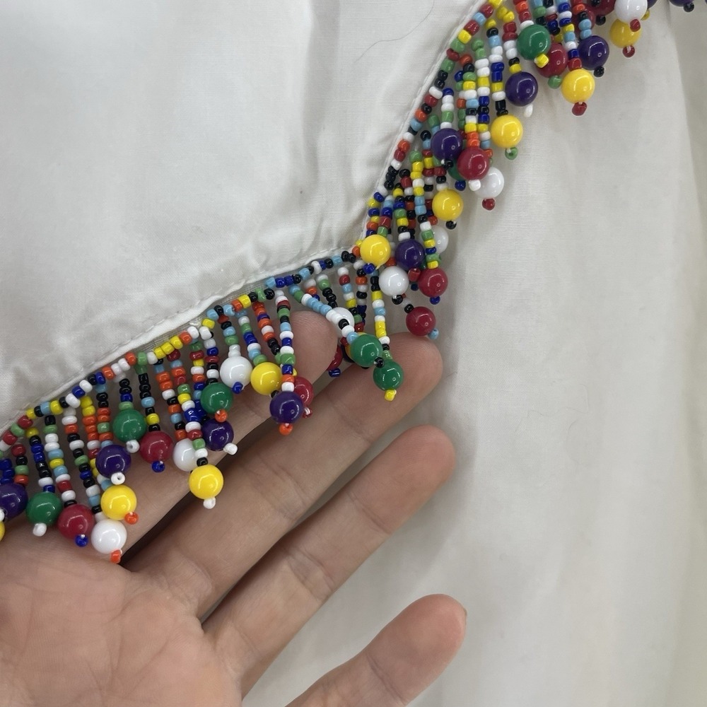 Vintage 90s Beaded Button Up Shirt Women's L White Fringe Western Funky Boho - Picture 2 of 16